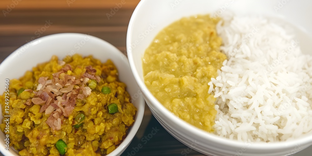 Aromatic Lentil Curry & Rice: A steaming bowl of vibrant yellow lentil curry, seasoned with aromatic spices and topped with crispy fried onions, alongside fluffy white rice. Aromatic Lentil Curry & Rice: A steaming bowl of vibrant yellow lentil curry, seasoned with aromatic spices and topped with crispy fried onions, alongside fluffy white rice.