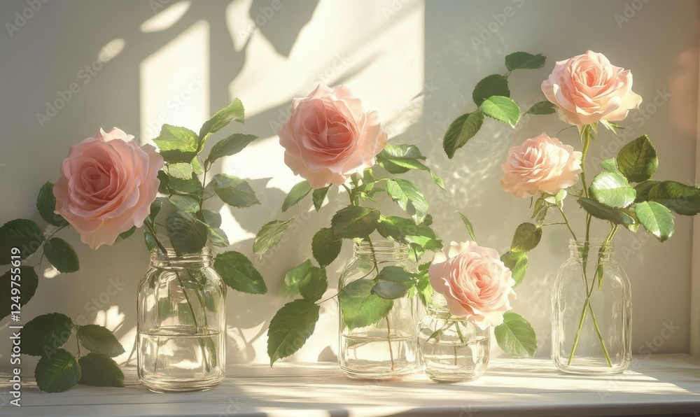 Floral arrangement of pink roses in glass jars on a white wooden surface, surrounded by fresh green leaves and soft sunlight for a romantic botanical aesthetic.