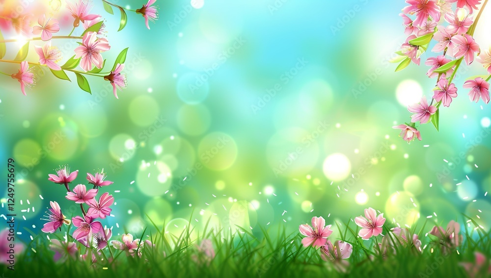 Vibrant Spring Field with Cherry Blossoms and Sparkling Sunlight Vibrant Spring Field with Cherry Blossoms and Sparkling Sunlight
