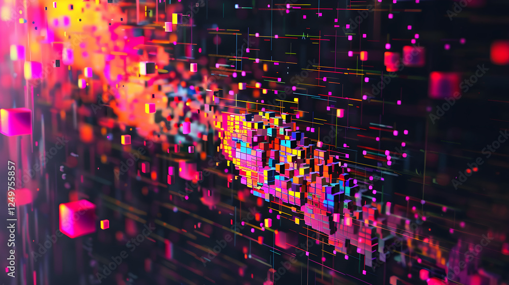 Obraz premium Pixel Craft: A Fusion of Neon Hues in a Vibrant Digital Abstract Artwork