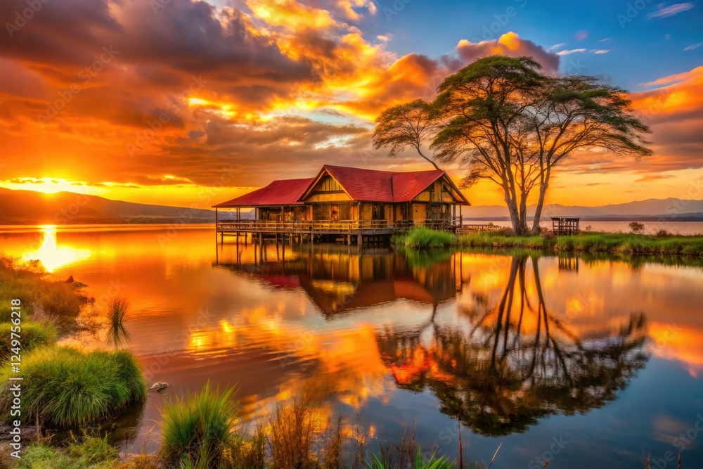 Fototapeta premium Capture Kenya's Naivasha sunset: vibrant oranges, wildlife silhouettes, lakeside charm.