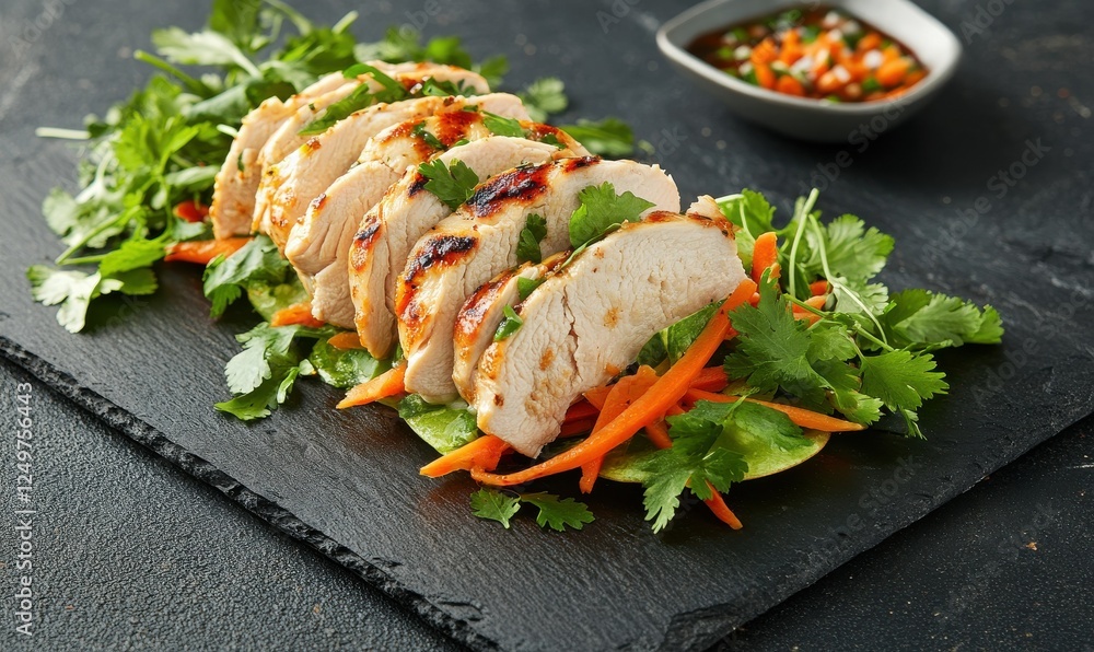 Savory chicken wrap with vibrant vegetables and a tangy sauce, sliced neatly on a slate board, surrounded by fresh herbs for a flavorful touch