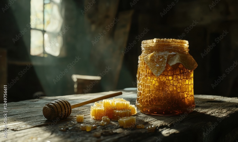 Golden honey in a transparent jar, with a wooden spoon and honeycomb pieces arranged on a rustic wooden table, creating the feeling of a natural product Golden honey in a transparent jar, with a wooden spoon and honeycomb pieces arranged on a rustic wooden table, creating the feeling of a natural product