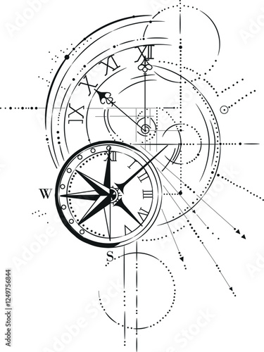 Vector composition of compass and clock, working sketch of tattoo