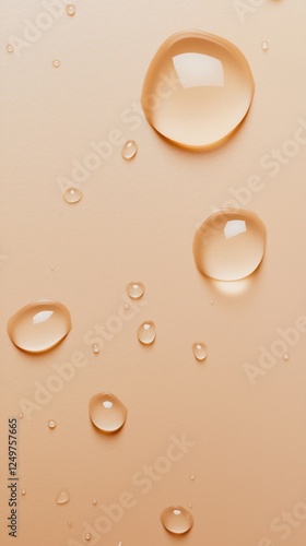 Wallpaper Mural Water Droplets on Peach Background: Close-up view of glistening water droplets scattered on a soft peach-colored surface.  The image exudes a sense of serenity and purity. Torontodigital.ca