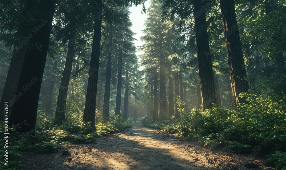 Obraz premium Serene forest trail lined with towering pines and dappled sunlight breaking through the canopy.