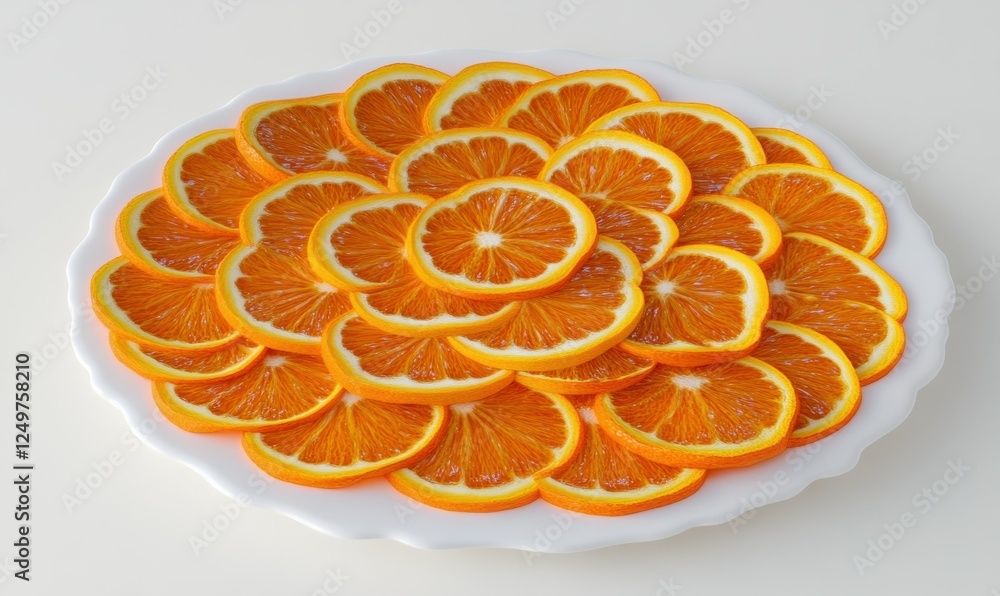 Juicy orange slices arranged in a circular pattern on a clean white plate, with their vibrant citrus hues radiating freshness