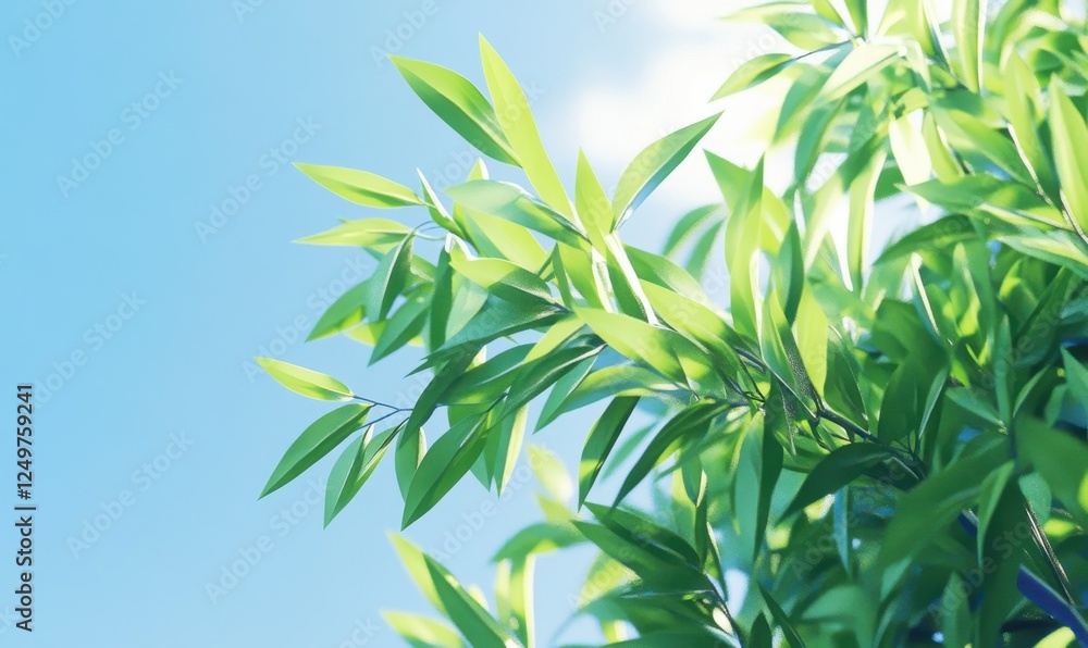 Naklejka premium Lush green tree leaves swaying in a gentle breeze, captured against a bright blue sky to create a serene and refreshing natural composition