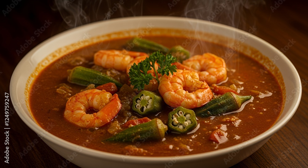 Hot Shrimp Okra Gumbo Bowl Freshly Made Cuisine with Herbs