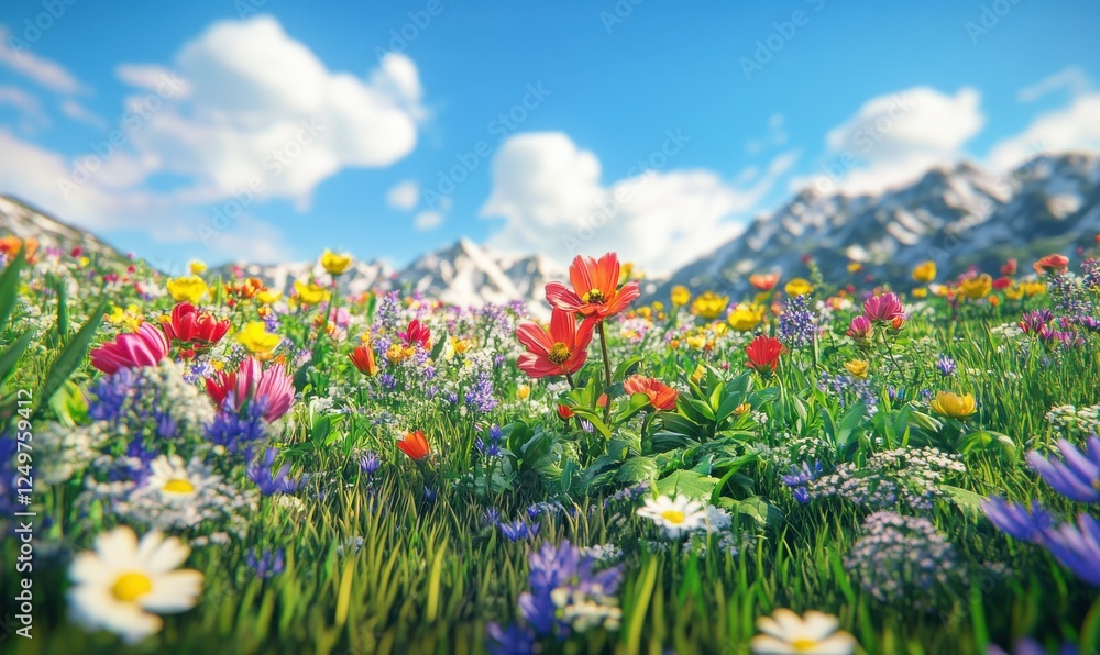 Lush springtime meadow filled with colorful wildflowers under a vibrant blue sky, styled to evoke joy and natural beauty Lush springtime meadow filled with colorful wildflowers under a vibrant blue sky, styled to evoke joy and natural beauty