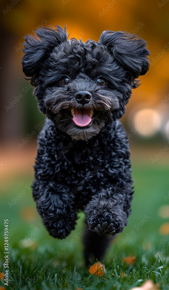 A black poodle is running in a grassy field. The dog is happy and excited, with its tongue out and its eyes wide open A black poodle is running in a grassy field. The dog is happy and excited, with its tongue out and its eyes wide open