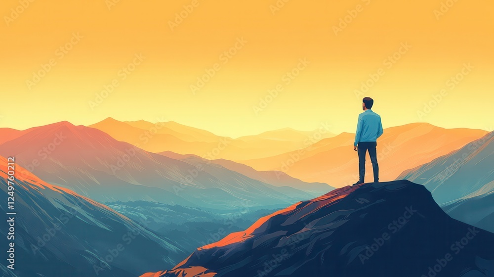 Back view of young businessman standing on mountain top and looking into the distance. Think concept Back view of young businessman standing on mountain top and looking into the distance. Think concept