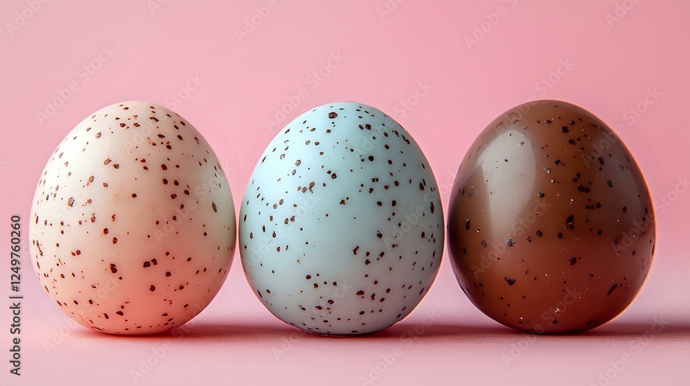 Speckled quail eggs in white, blue, and brown arranged in row on pink background, creating minimalist composition for food styling and Easter designs. Speckled quail eggs in white, blue, and brown arranged in row on pink background, creating minimalist composition for food styling and Easter designs.