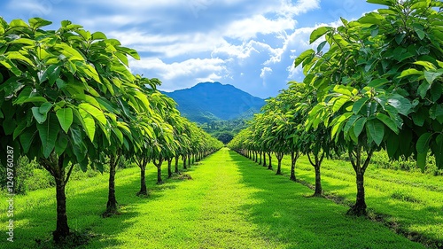 Sustainable Avocado Farm with Agroforestry Integration - A large-scale avocado orchard with integrated agroforestry systems, shade-grown techniques, and natural pest control. photo