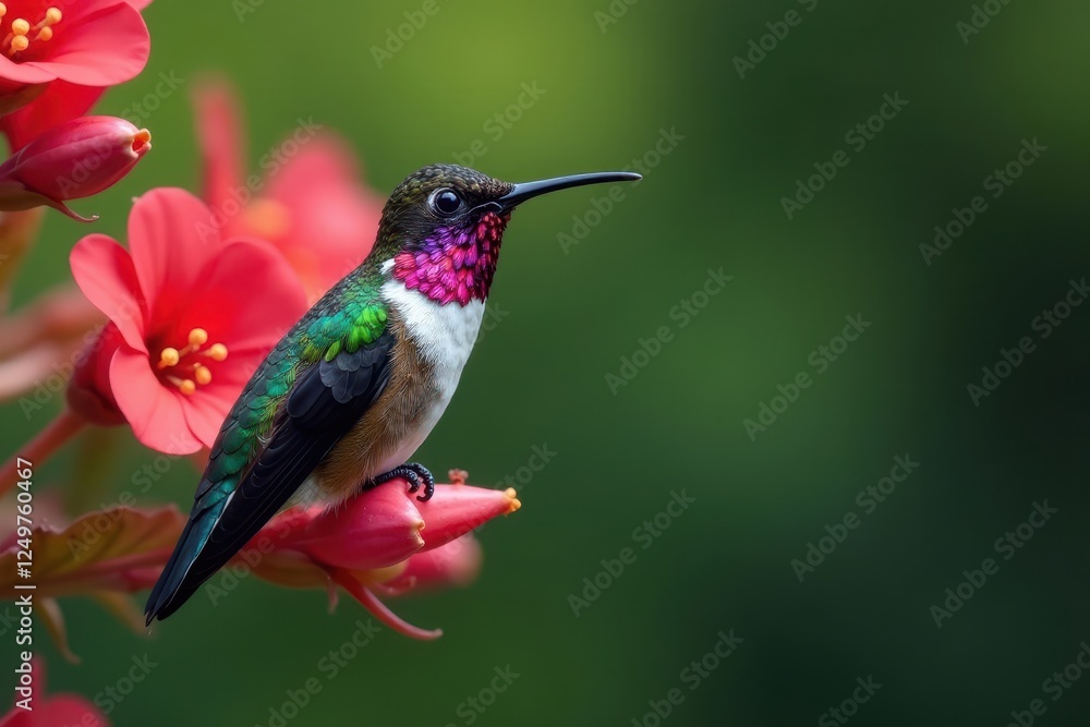 Obraz premium Vibrant hummingbird, iridescent feathers, nectar feeding, hummingbird photo, wildlife photography, small bird