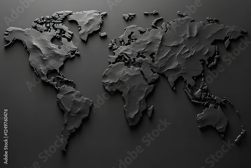 Fototapeta Naklejka Na Ścianę i Meble -  Minimalistic 3D black world map with grayscale landmasses on a white background, showcasing abstract design and depth