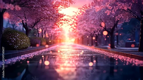Serene cherry blossom pathway at sunset with reflections