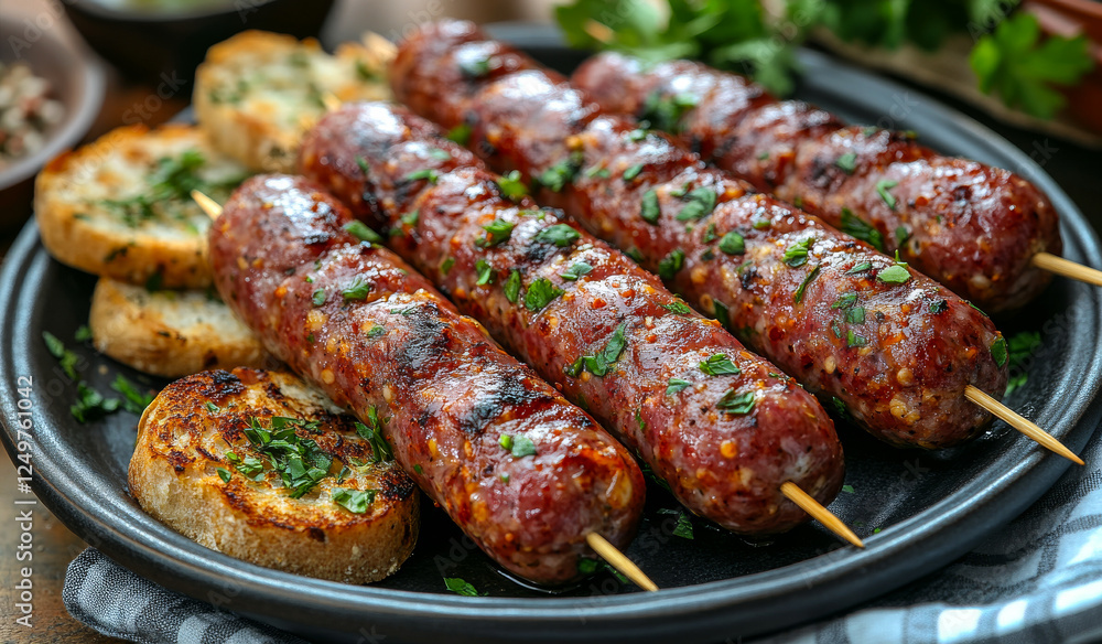 A plate of meat and bread with a bunch of parsley on top. Scene is casual and inviting, as it looks like a delicious meal to share with friends or family A plate of meat and bread with a bunch of parsley on top. Scene is casual and inviting, as it looks like a delicious meal to share with friends or family