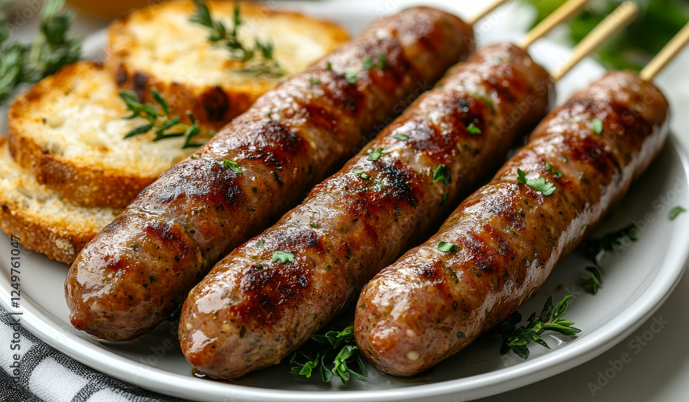 Three hot dogs are on a white plate with bread and herbs. The plate is set on a table Three hot dogs are on a white plate with bread and herbs. The plate is set on a table