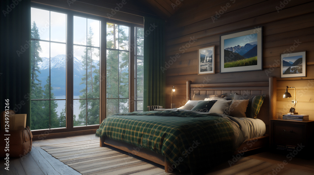 Fototapeta premium rustic mountain retreat bedroom, log bed frame, faux fur throws,