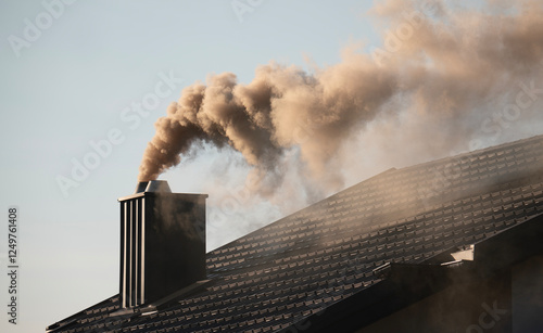 Smoking chimney. A thick cloud of smoke over the roof.
