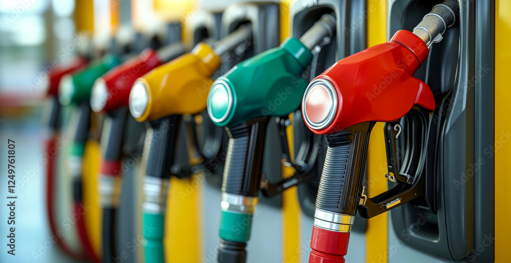 A row of gas pumps with different colored nozzles. The pumps are green, yellow, red, and blue A row of gas pumps with different colored nozzles. The pumps are green, yellow, red, and blue