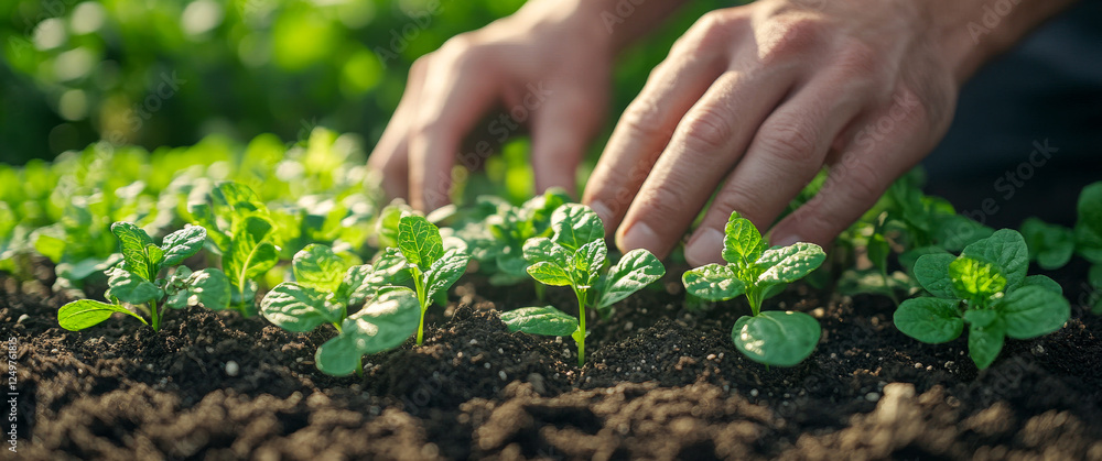 A person is planting seedlings in the dirt. Concept of growth and nurturing, as the person carefully tends to the young plants. The act of planting seeds A person is planting seedlings in the dirt. Concept of growth and nurturing, as the person carefully tends to the young plants. The act of planting seeds