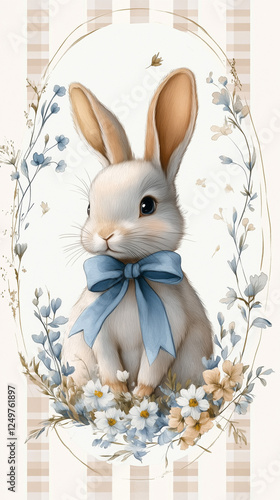 A rabbit with a blue ribbon is sitting in a flowery border