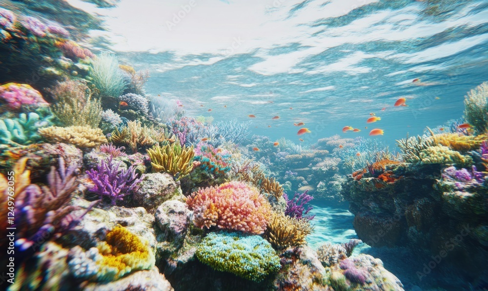 Naklejka premium Vibrant coral reef ecosystem teeming with marine life in crystal-clear waters, capturing the colorful beauty of underwater biodiversity