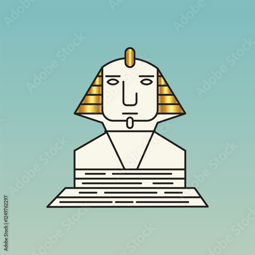 Sphinx of Giza, ancient Egyptian pyramids, golden color, blue gradient background, illustration art