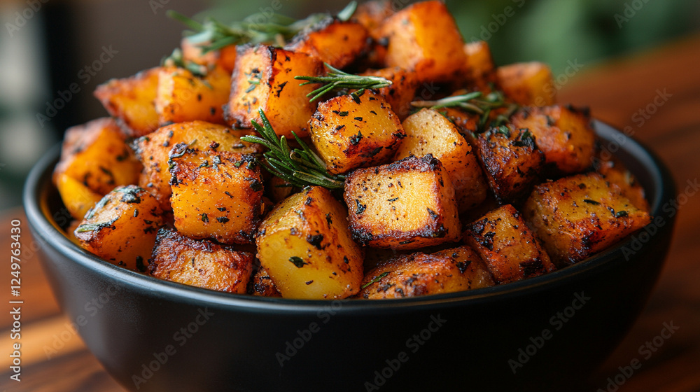 A flavorful mix of roasted vegetables, featuring seasoned potatoes and carrots, garnished with rosemary in a black bowl, symbolizing cozy, comforting home-cooked meals with a modern bright tone A flavorful mix of roasted vegetables, featuring seasoned potatoes and carrots, garnished with rosemary in a black bowl, symbolizing cozy, comforting home-cooked meals with a modern bright tone