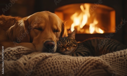 Wallpaper Mural golden retriever and a tabby cat cuddled together on a cozy blanket by a fireplace, warm flames casting a soft glow, capturing a heartwarming moment of friendship Torontodigital.ca