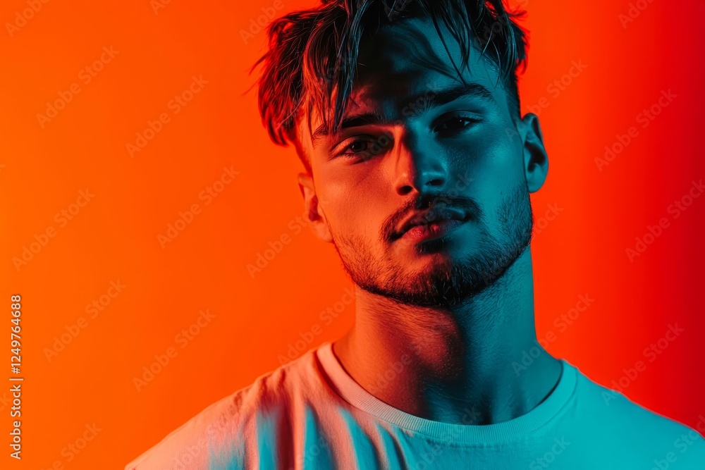 Fototapeta premium Caucasian young man's portrait on gradient orange studio background in neon light.