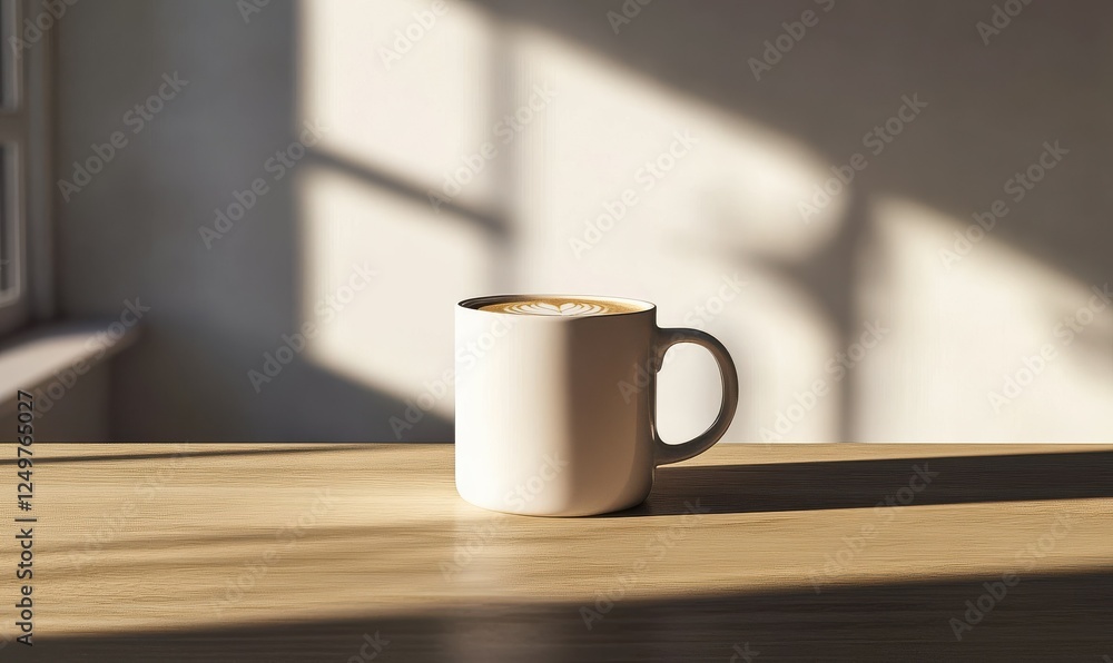 Minimalist coffee mug with frothy latte art placed on a wooden table, exuding warmth and the simplicity of morning rituals Minimalist coffee mug with frothy latte art placed on a wooden table, exuding warmth and the simplicity of morning rituals