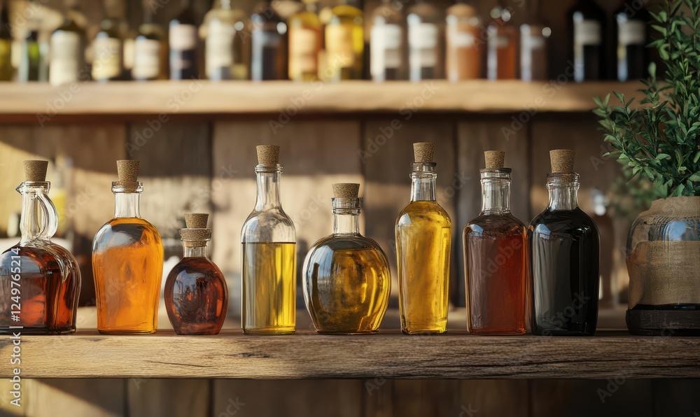 Rustic bottles of artisanal oils and vinegars on a wooden shelf, warm tones creating an old-world charm Rustic bottles of artisanal oils and vinegars on a wooden shelf, warm tones creating an old-world charm