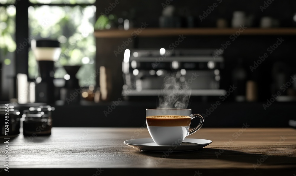 Minimalistic coffee setup with espresso cup and saucer on a wooden table, with dramatic lighting highlighting the steam from the coffee Minimalistic coffee setup with espresso cup and saucer on a wooden table, with dramatic lighting highlighting the steam from the coffee