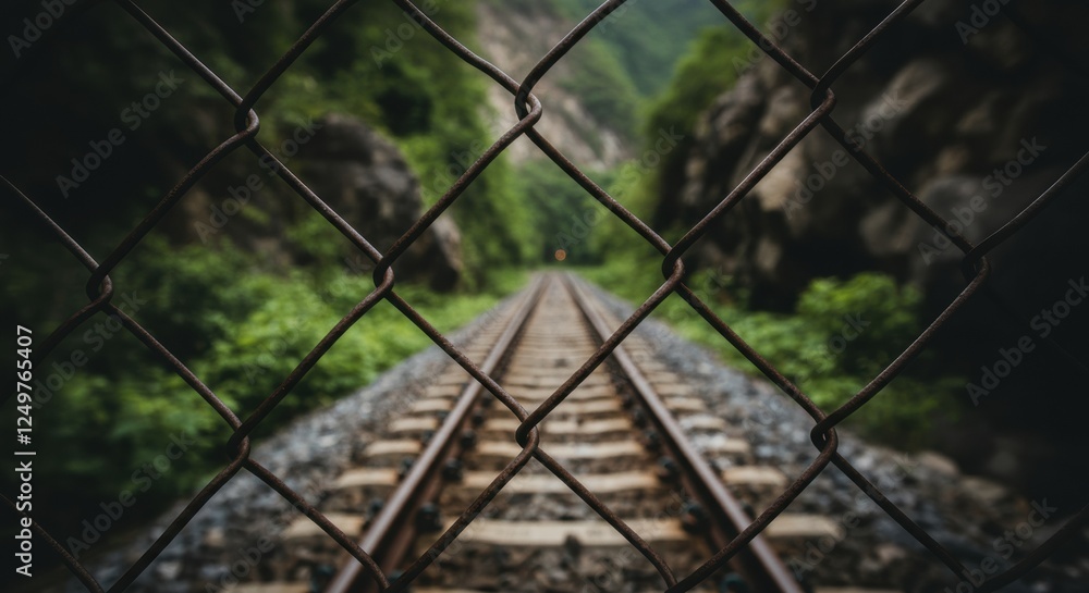 View of railway tracks through a chain-link fence surrounded by greenery View of railway tracks through a chain-link fence surrounded by greenery