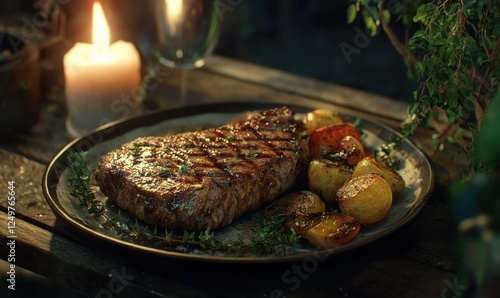 Perfectly grilled steak with char marks served with fresh herbs and roasted vegetables, a rich and hearty culinary masterpiece photo