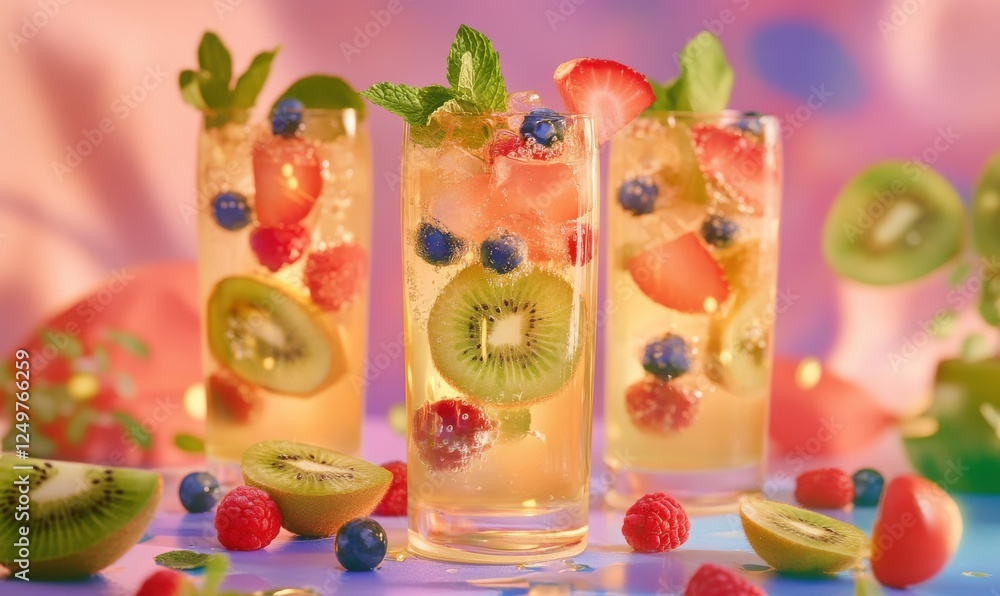 Obraz premium Sparkling fruit cocktails in tall glasses, garnished with colorful slices of kiwi, berries, and mint, placed on a vibrant pastel surface, celebrating festive summer vibes
