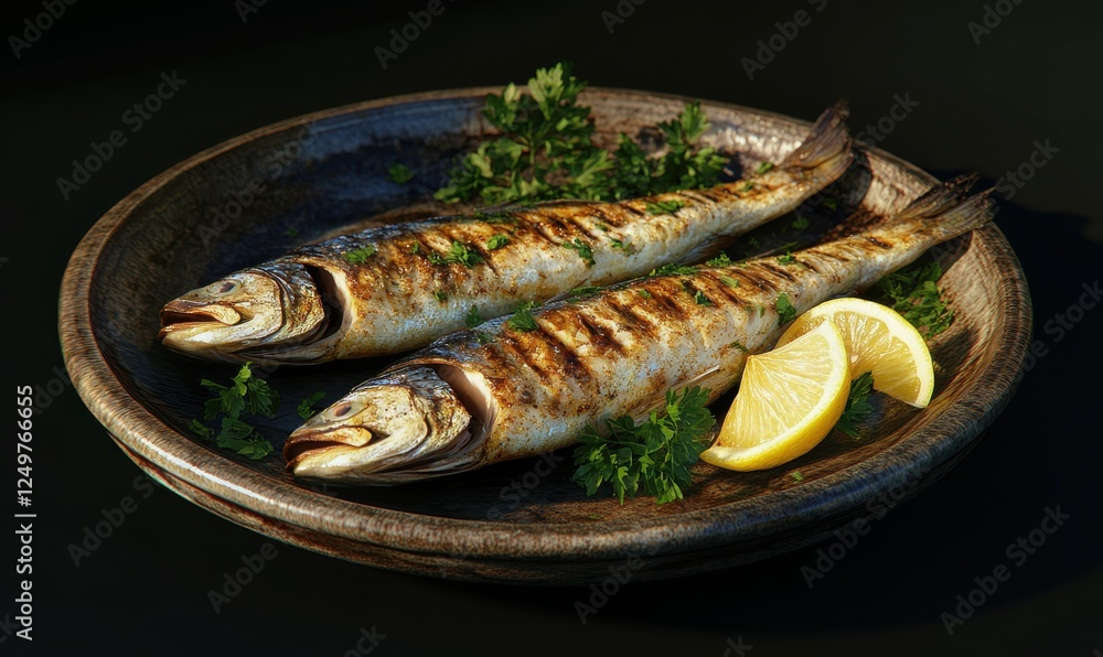 Perfectly cooked grilled fish served with lemon wedges and fresh parsley, arranged on a rustic plate for a gourmet dining feel Perfectly cooked grilled fish served with lemon wedges and fresh parsley, arranged on a rustic plate for a gourmet dining feel