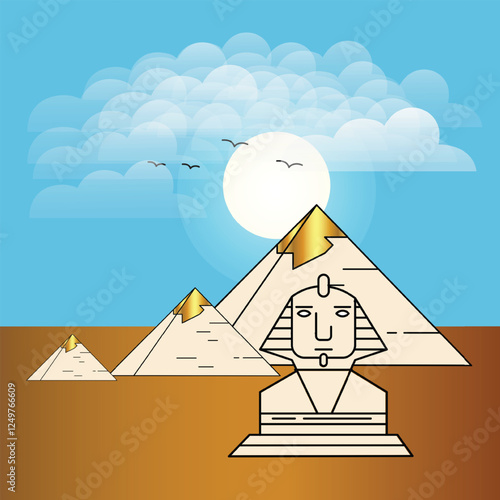Giza ancient Egyptian pyramids, camels, sunset birds in clouds with blue background, illustration art