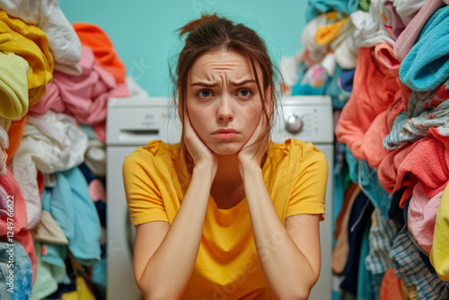 Stressed woman overwhelmed by laundry piles photo