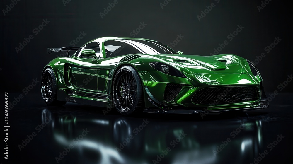 Fototapeta premium Modern green sports car on a black background. Generative AI.