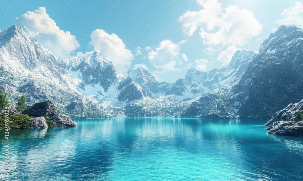 Fototapeta premium Pristine landscape of a turquoise lake surrounded by towering snow-capped mountains under a bright sky.