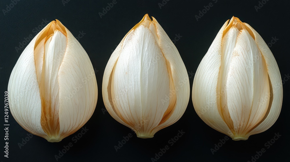 Obraz premium Three Large Egg-Shaped Light Yellow and White Petals with Long Petal-Like Tips Floating on Water Surface