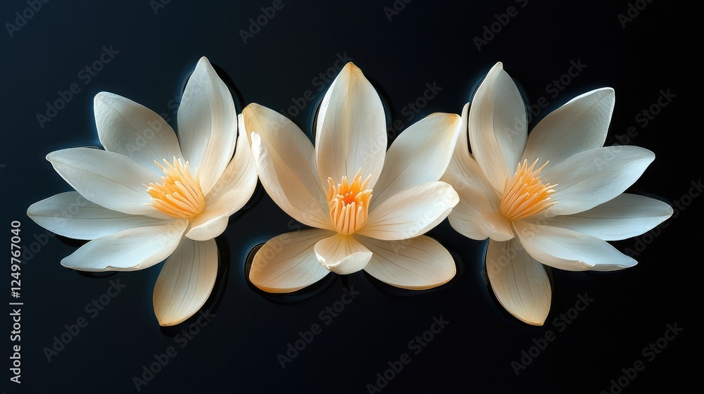 Fototapeta premium Three Large Egg-Shaped Light Yellow and White Petals with Long Petal-Like Tips Floating on Water Surface