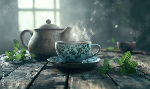 Wallpaper Mural Steaming hot cup of herbal tea with a teapot, surrounded by fresh mint leaves and a rustic wooden table, creating a relaxing atmosphere Torontodigital.ca