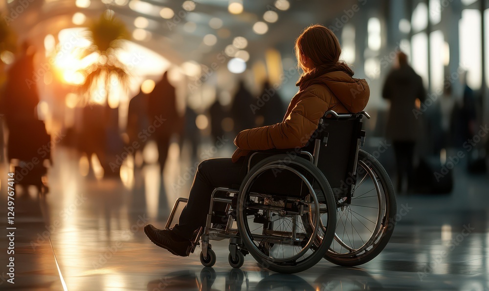 Side view of a woman in a wheelchair navigating a bustling airport terminal, her determination and independence shining through Side view of a woman in a wheelchair navigating a bustling airport terminal, her determination and independence shining through