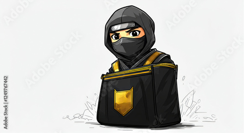 Cartoon ninja character emerging from a stylish black bag with gold accents photo