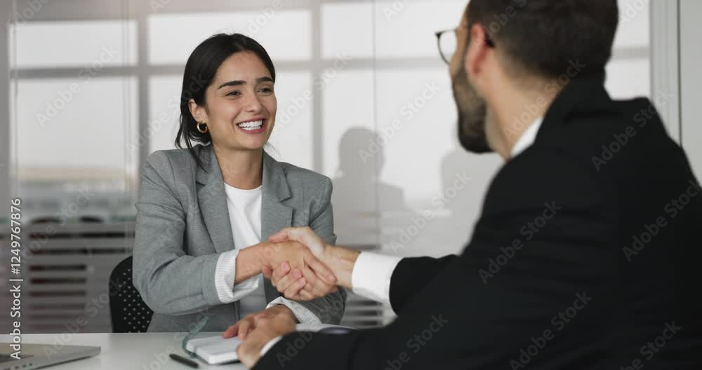 Pretty Arabian businesswoman talk with man colleague in office, shaking hands, expressing gratitude for productive, professional teamwork. Business partners conclude agreement, making deal, handshake Pretty Arabian businesswoman talk with man colleague in office, shaking hands, expressing gratitude for productive, professional teamwork. Business partners conclude agreement, making deal, handshake